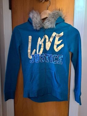 Justice Girls' Teal Hooded Jacket with Faux Fur Trim